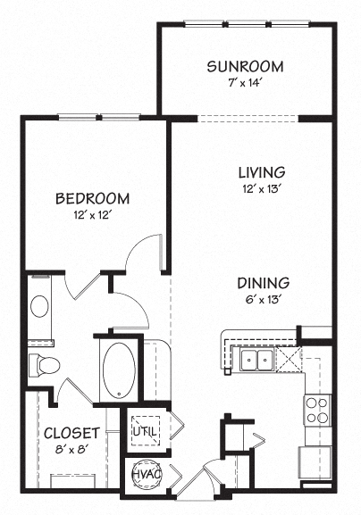 Floor plan for 1 bed, 1 bath, 834 sqft